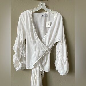 NWT UO White Rayon Wrap Top Tie Back Balloon Sleeve Blouse Size S